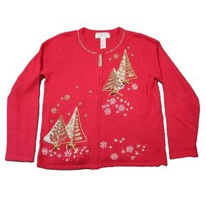 Tiara International Christmas Cardigan Sweater‎ M Red Gold Sequin Zip Up Bells